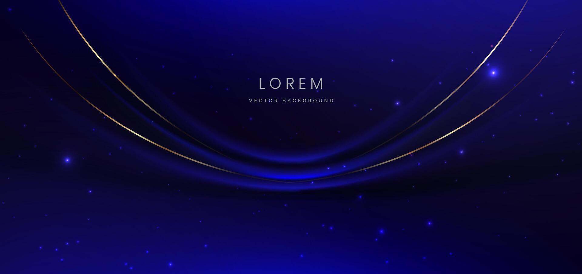 Luxury dark blue background with golden line curved and lighting effect sparkle. vector