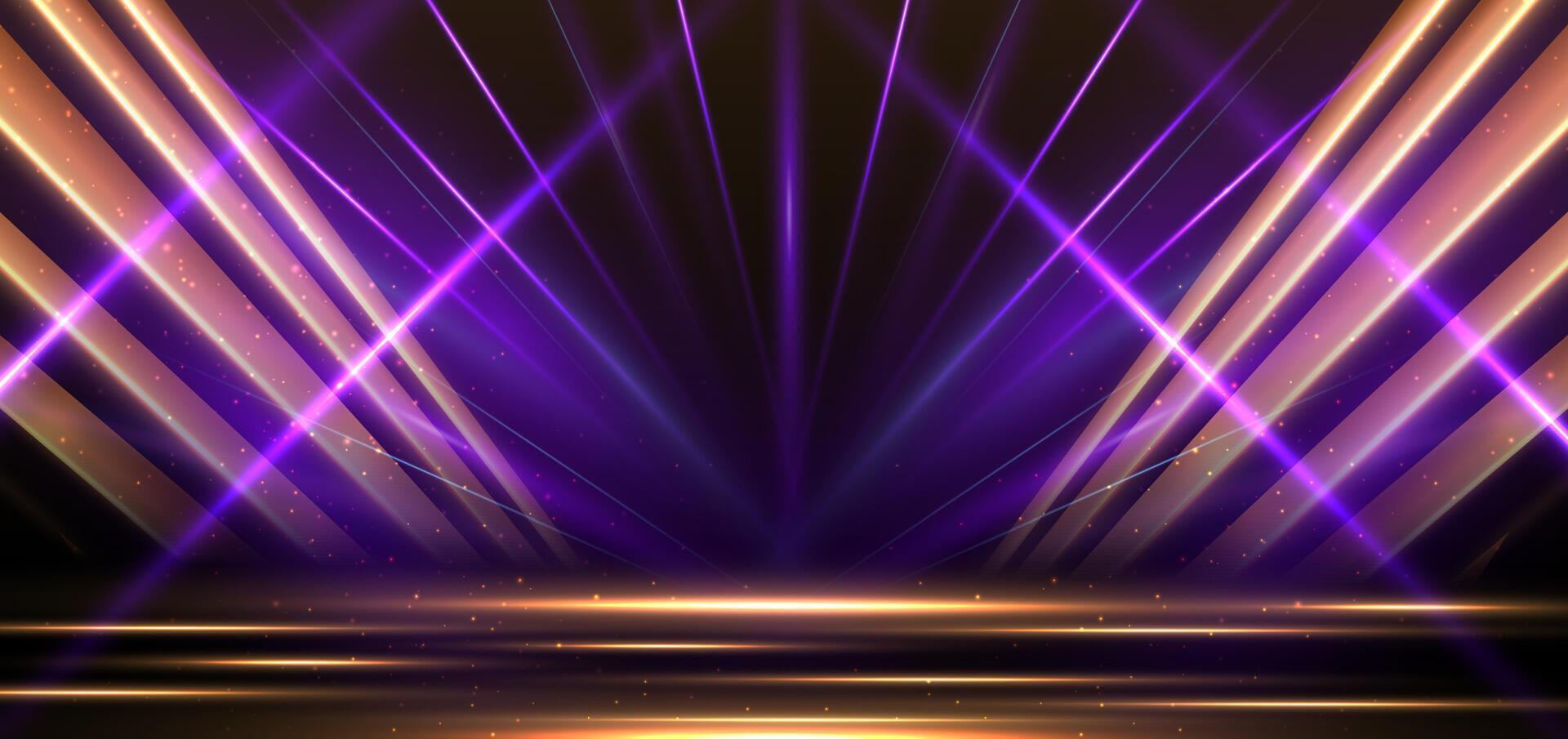 Elegant golden scene diagonal glowing with purple lighting effect sparkle on black background. Template premium award design. vector