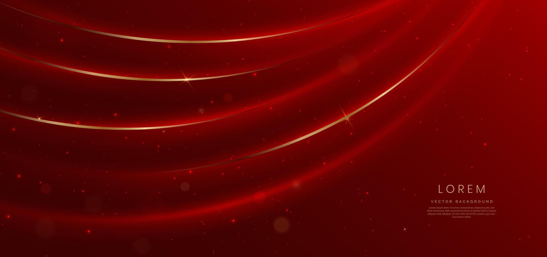Elegant red background with glowing gold curved lines and lighting effect and sparkle with copy space for text. Luxury design style. vector