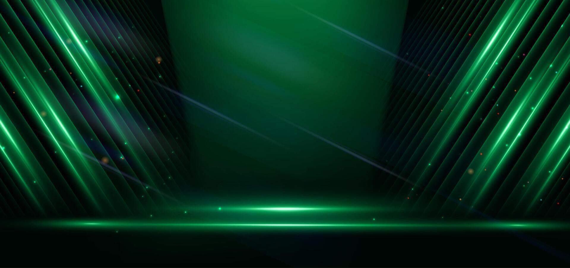 Abstract elegant dark green stage background with blue neon line and lighting effect sparkle. Luxury template award design. vector