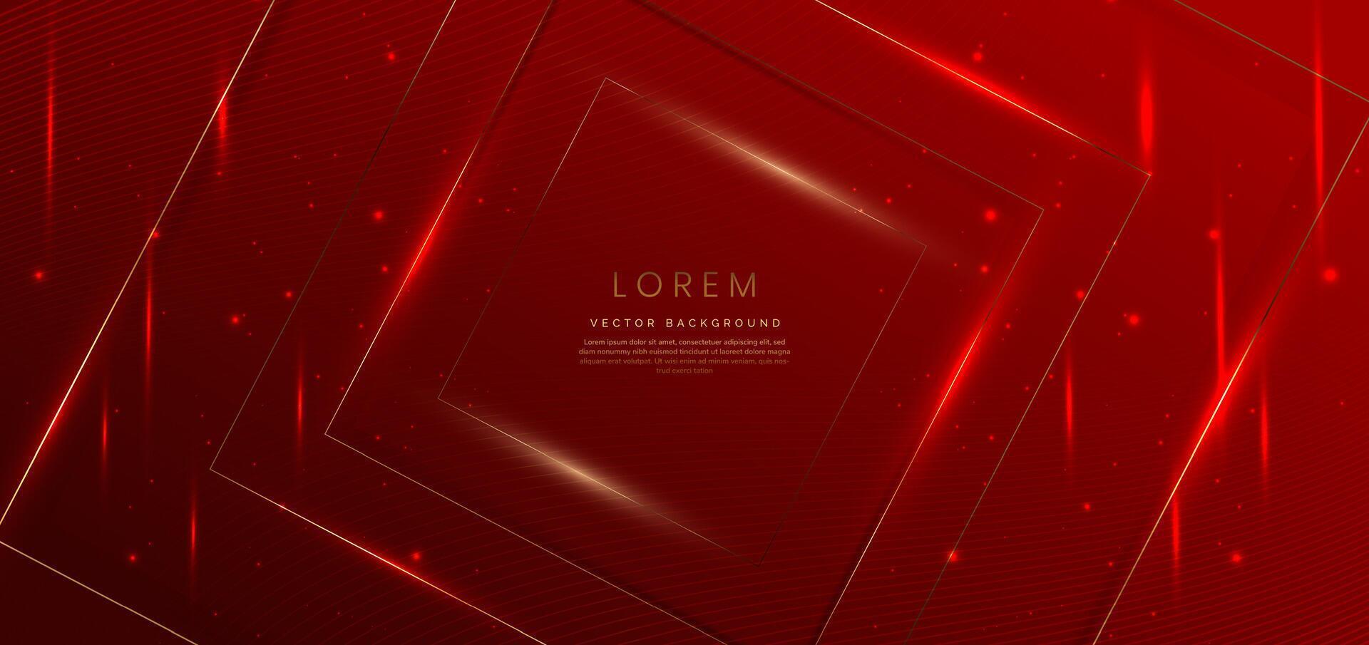 Abstract gold square lines on dark red background with lighting effect and sparkle with copy space for text. Luxury award design style. vector