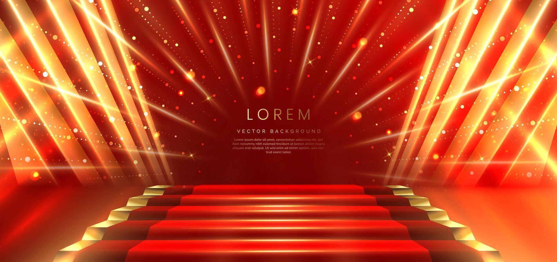 Elegant red stage with gold diagonal glowing lighting effect and sparkle. Template premium award design. vector