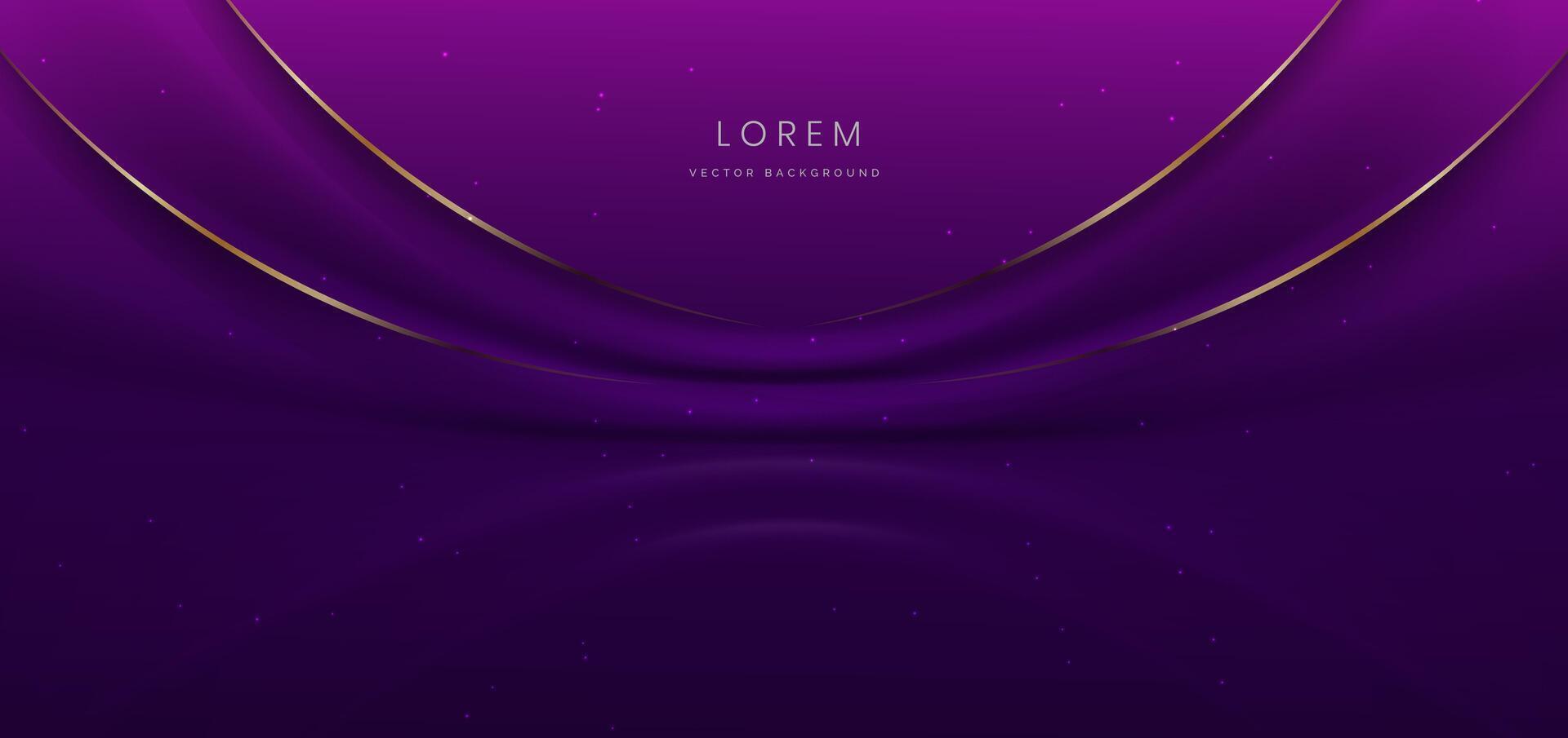 Luxury dark purple background with golden line curved and lighting effect sparkle. vector