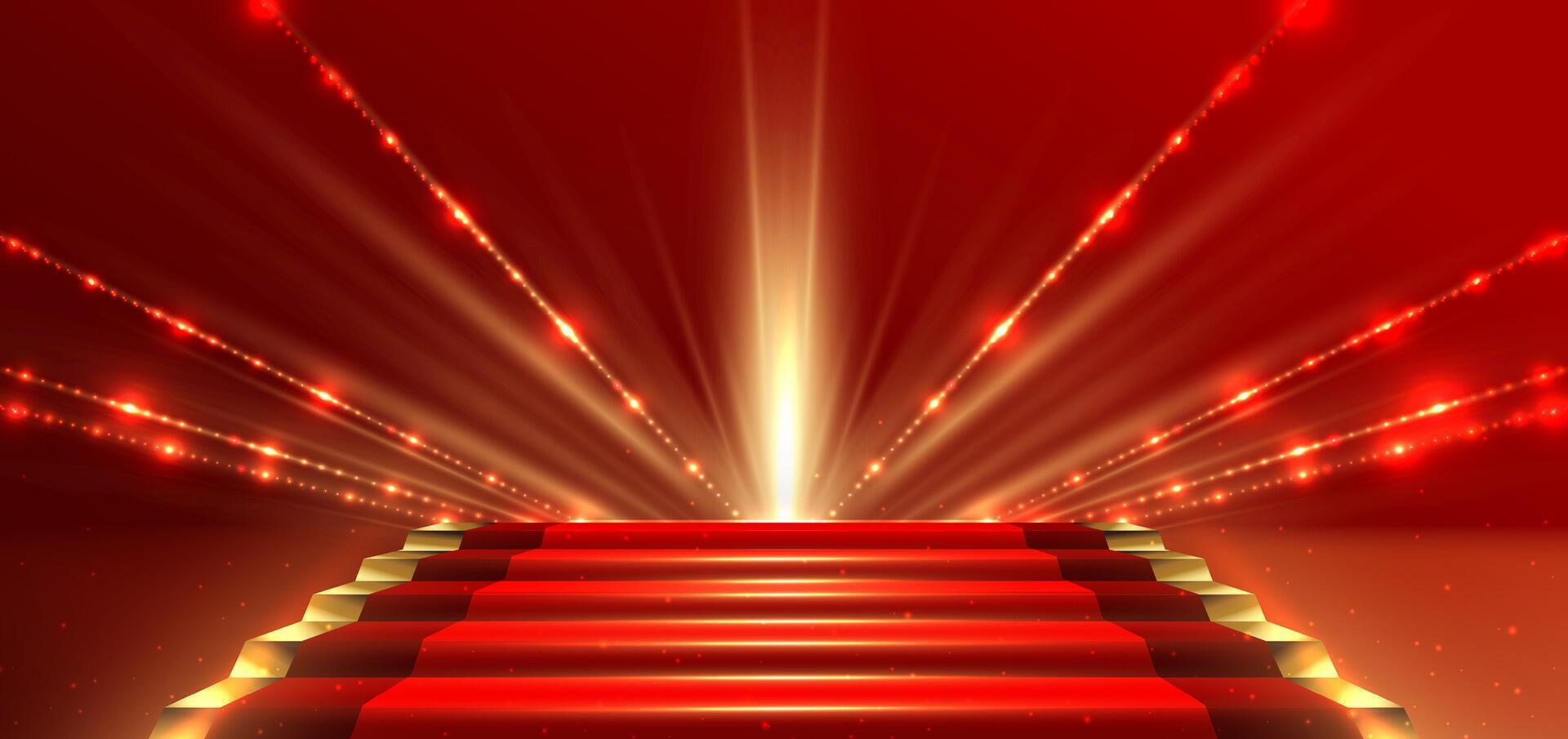 Elegant red stage with gold diagonal glowing lighting effect and sparkle. Template premium award design. vector