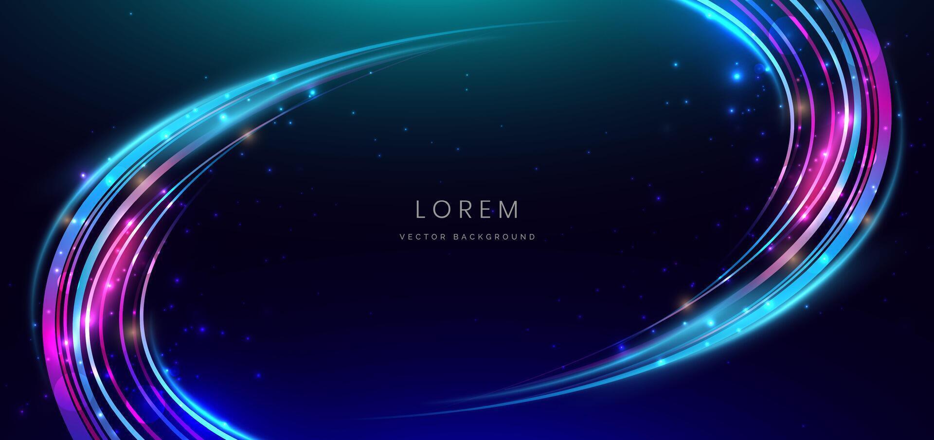 Abstract technology futuristic curved glowing neon blue and pink light lines with speed motion moving on dark blue background. vector