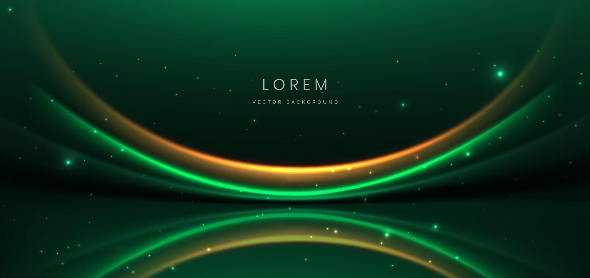Luxury green background with green and golden line curved and lighting effect sparkle. vector