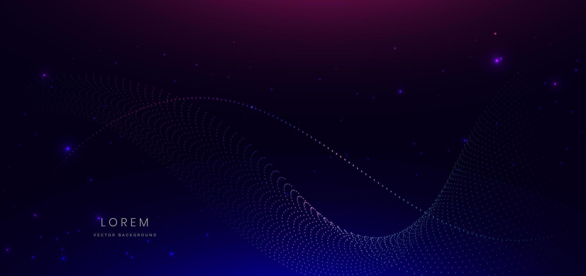 Abstract technology futuristic glowing neon blue and pink wave light dots lines with speed motion moving on dark blue background. vector