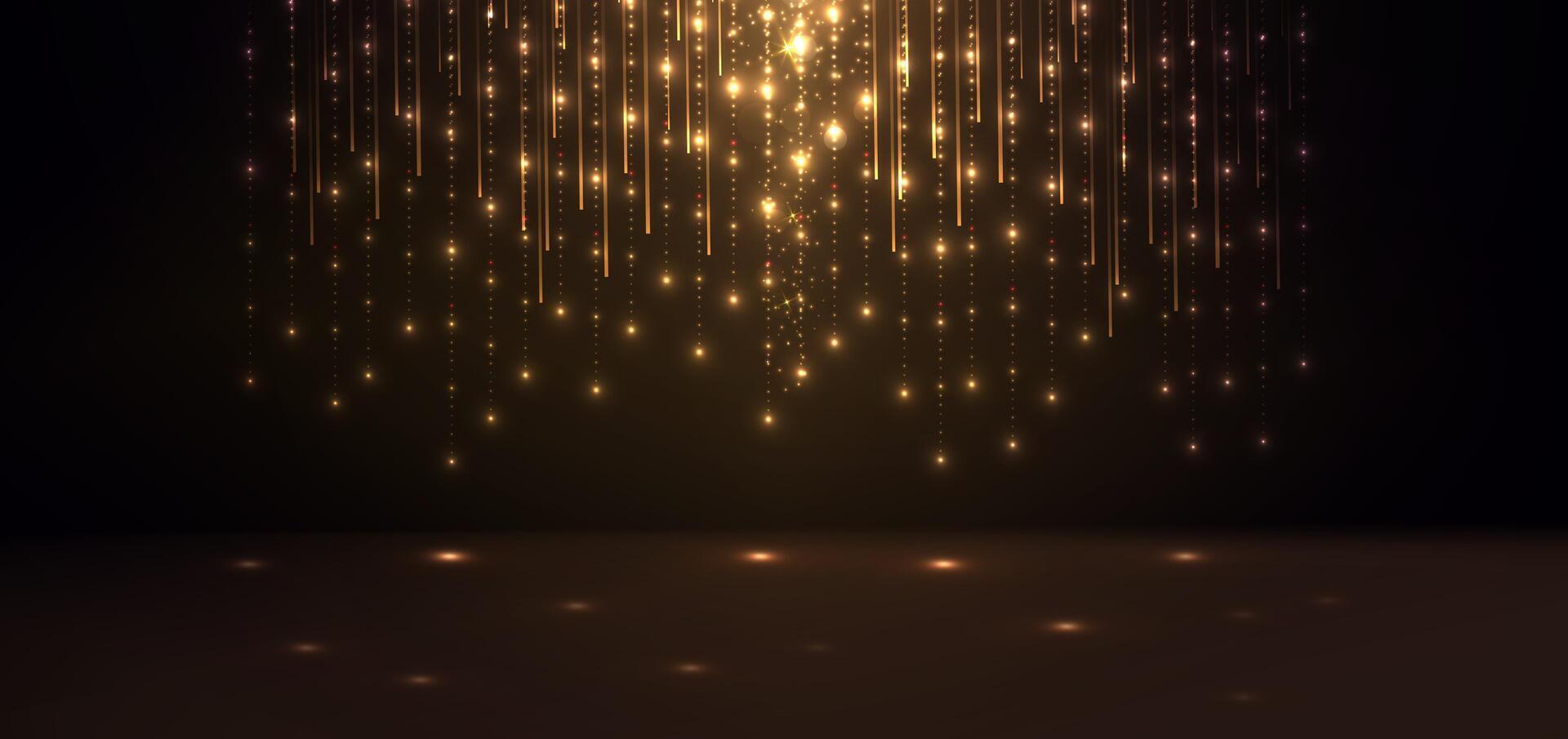 Abstract elegant gold glowing line with lighting effect sparkle on black background. Template premium award design. vector