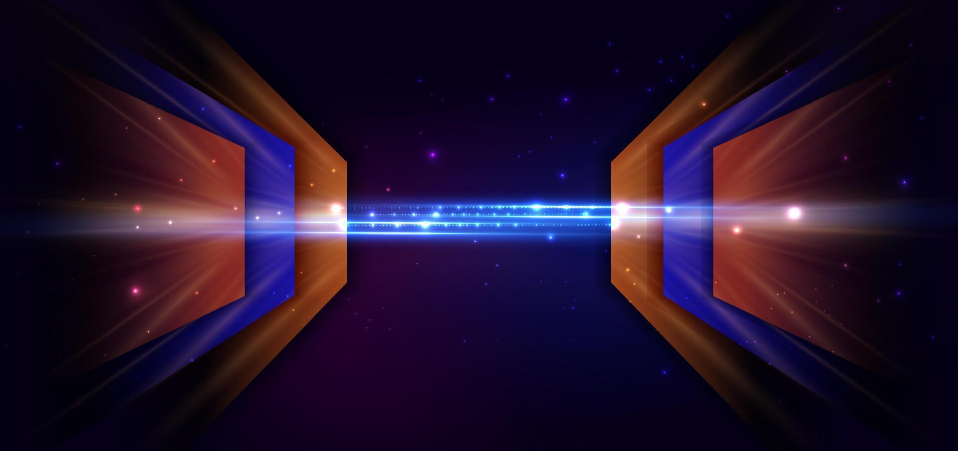 Abstract technology futuristic glowing neon blue and orange light ray on dark blue background with lighting effect. vector