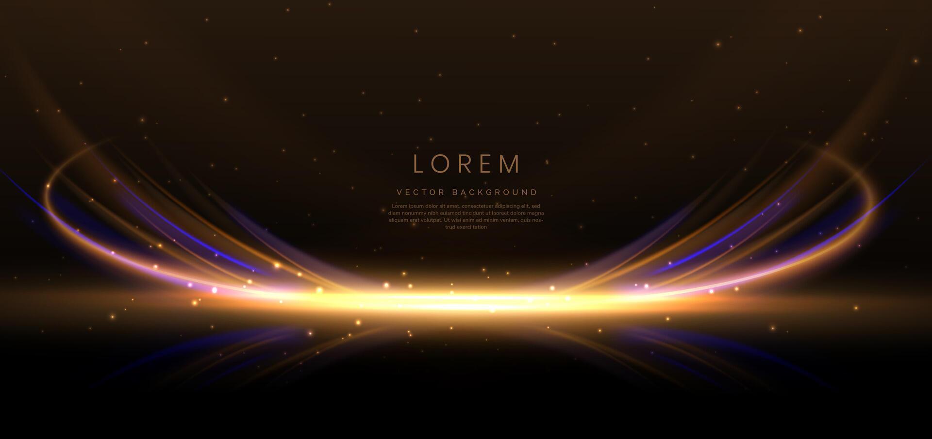 Abstract blue and gold curved light lines on dark brown background with lighting effect sparkle. Luxury template celebration award design. vector