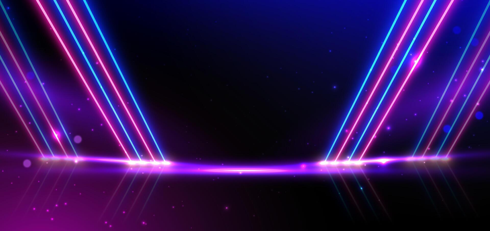 Abstract blue and pink neon diagonal glowing on black background with lighting effect. vector