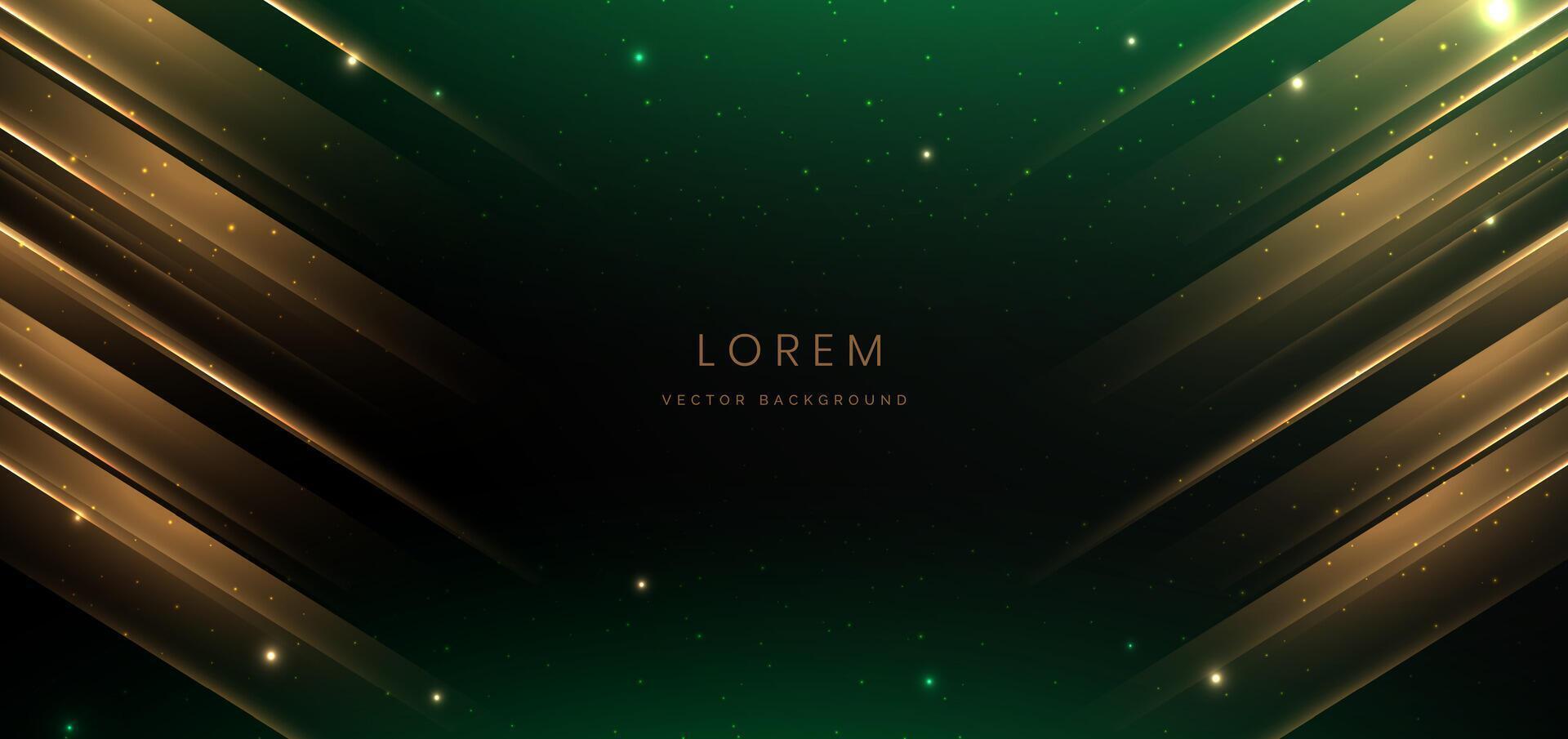 Abstract glowing gold diagonal lighting lines on dark green background with lighting effect and sparkle with copy space for text. Luxury design style. vector
