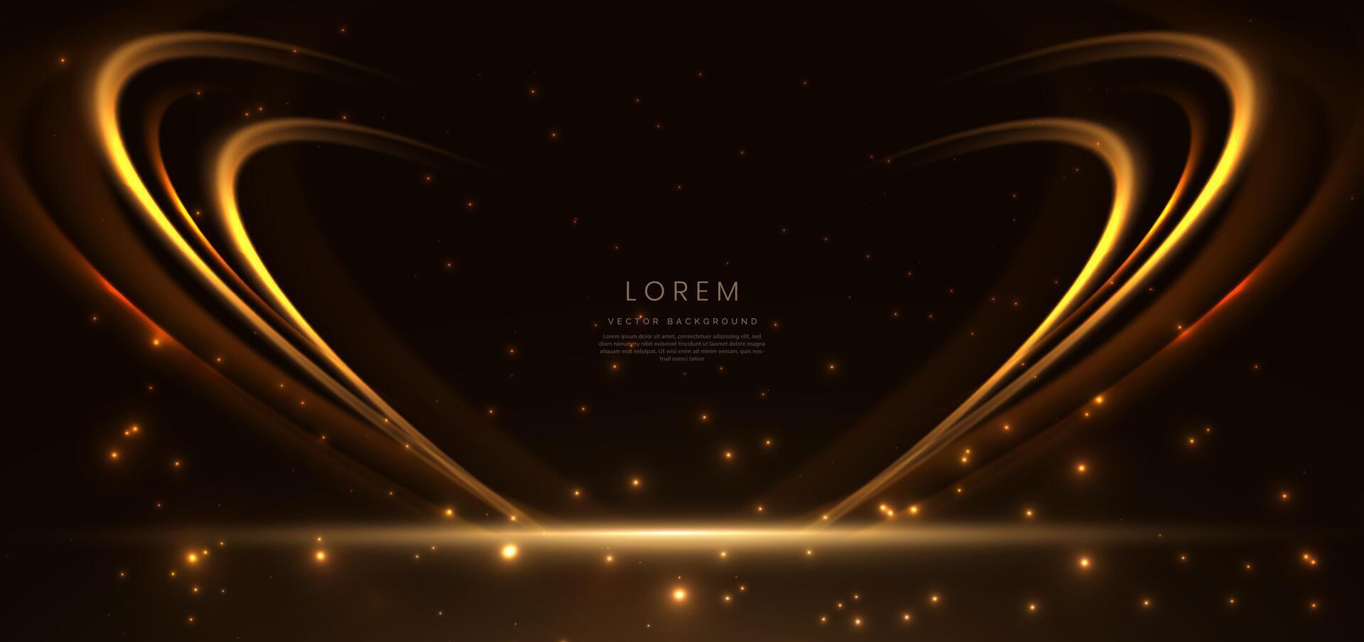Abstract glowing gold curved element on dark background with lighting effect glitter and sparkle with copy space for text. vector