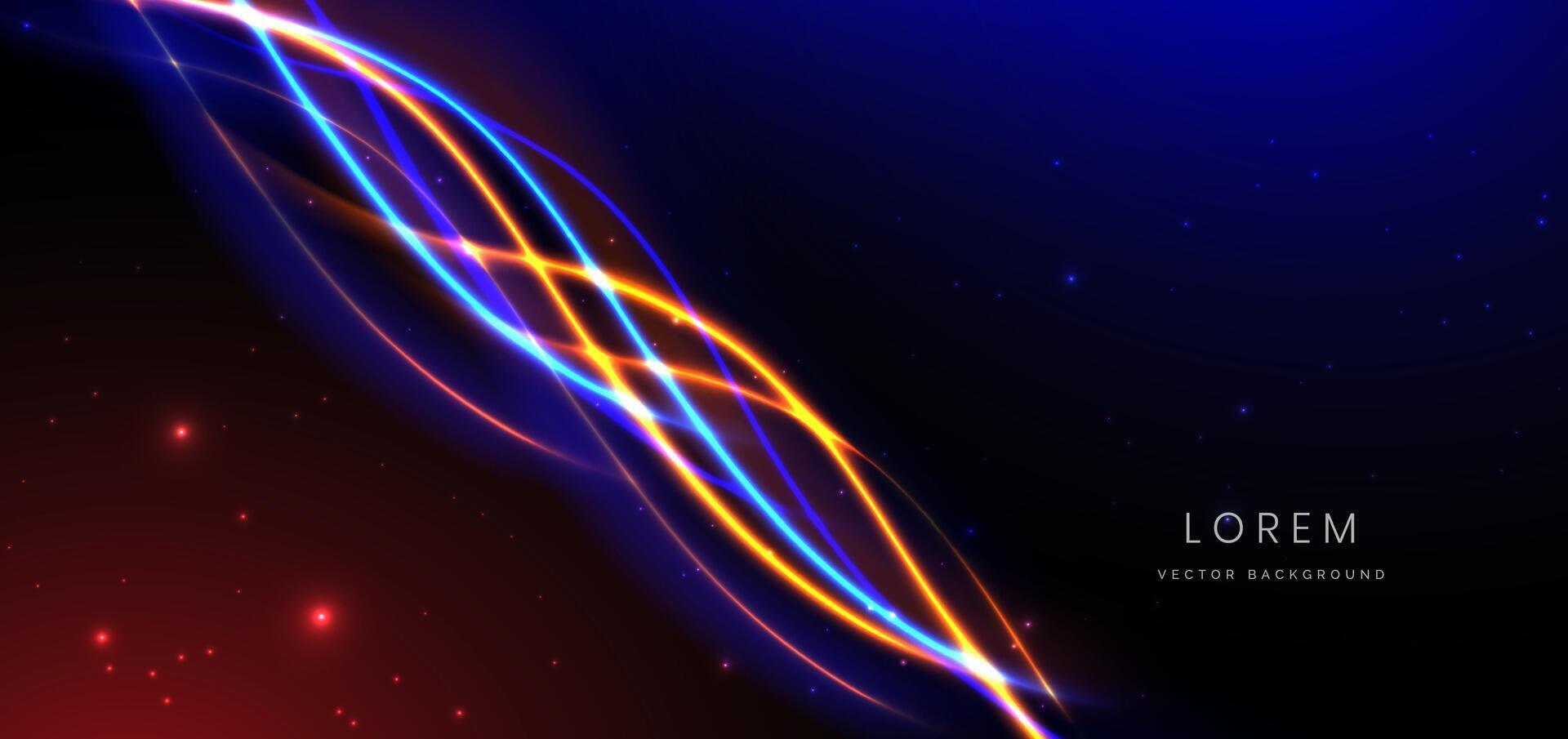 Abstract technology futuristic curved glowing neon blue and orange light ray on dark blue background with lighting effect. vector