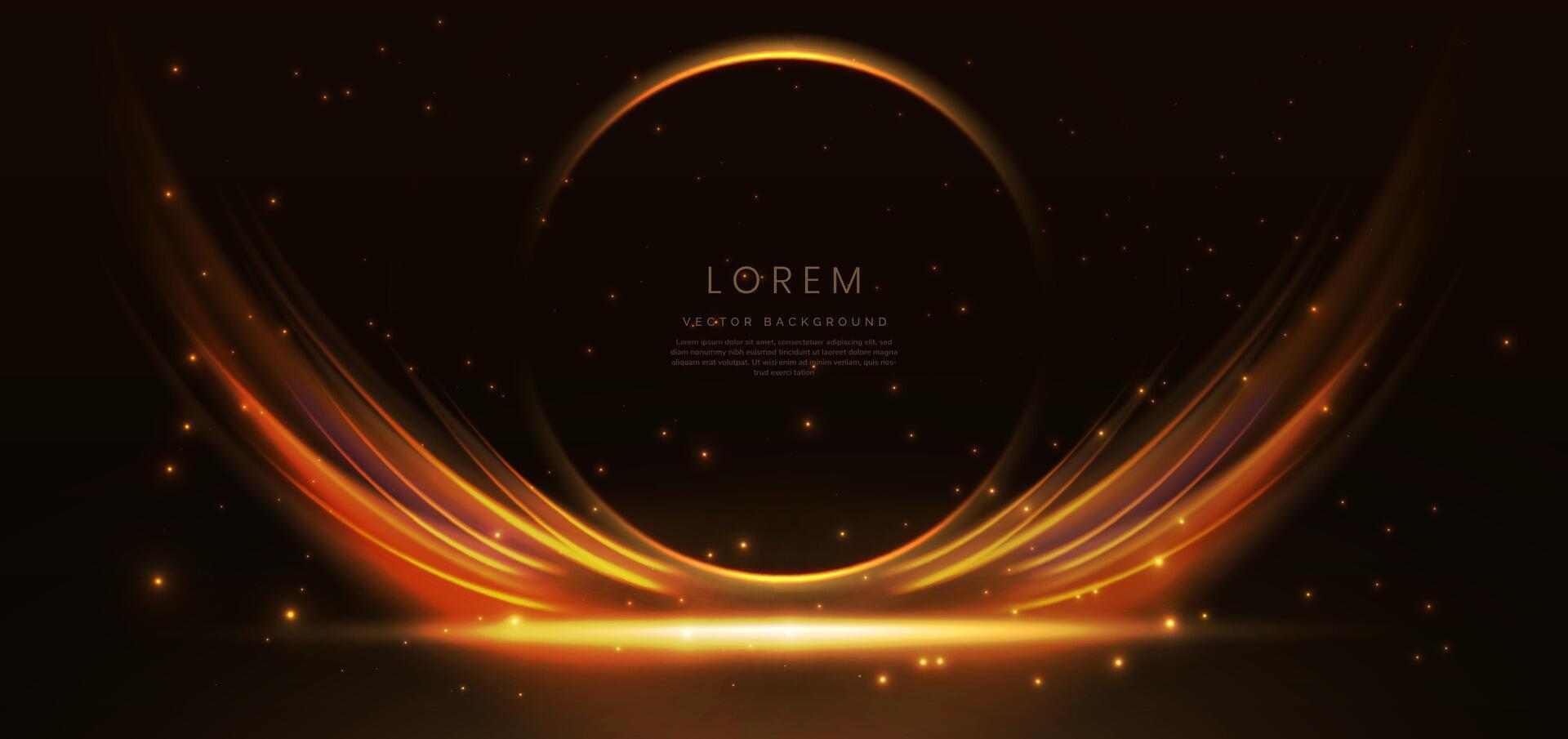 Glowing gold circle frame with flare curved spark effect on dark brown background. vector