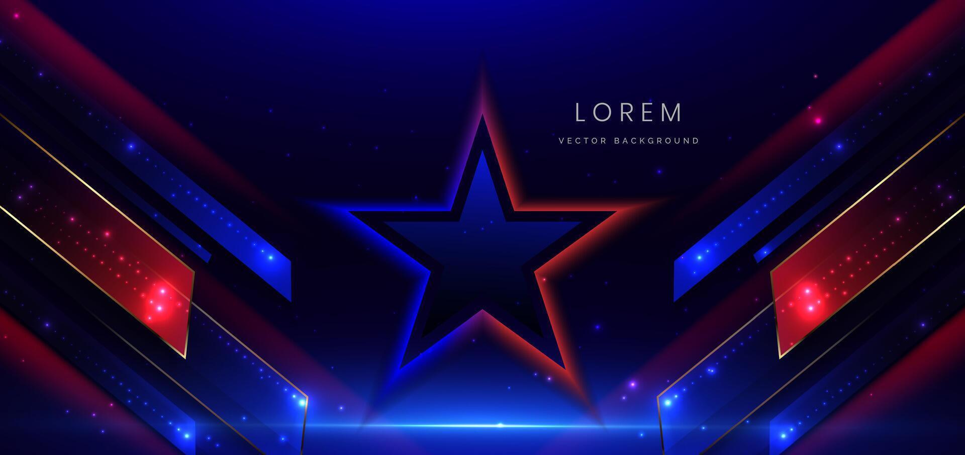 Abstract technology futuristic neon geometric glowing blue and red light lines with speed motion blur effect on dark blue background. vector