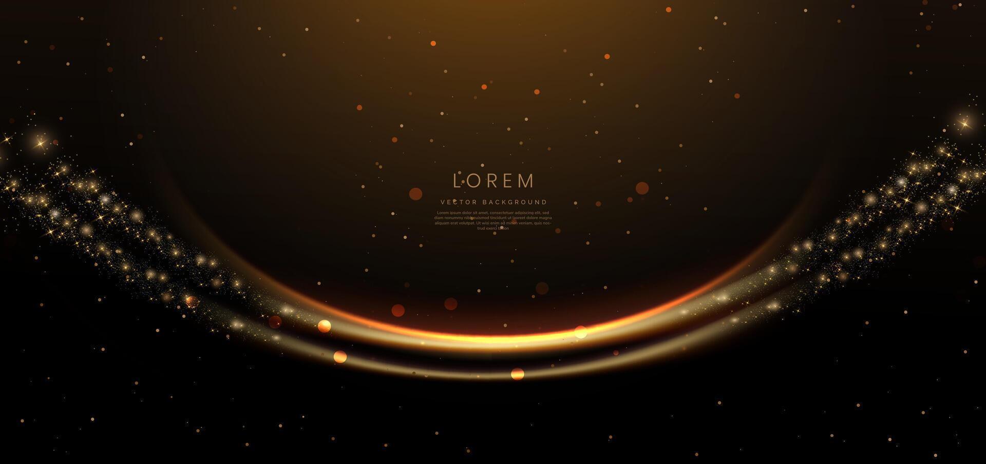 Abstract glowing gold curved element on dark background with lighting effect glitter and sparkle with copy space for text. vector