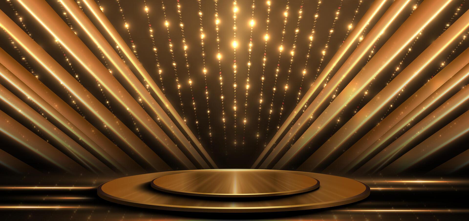 Elegant golden scene diagonal glowing with star lighting effect sparkle on dark brown background. Template circle podium premium award design. vector