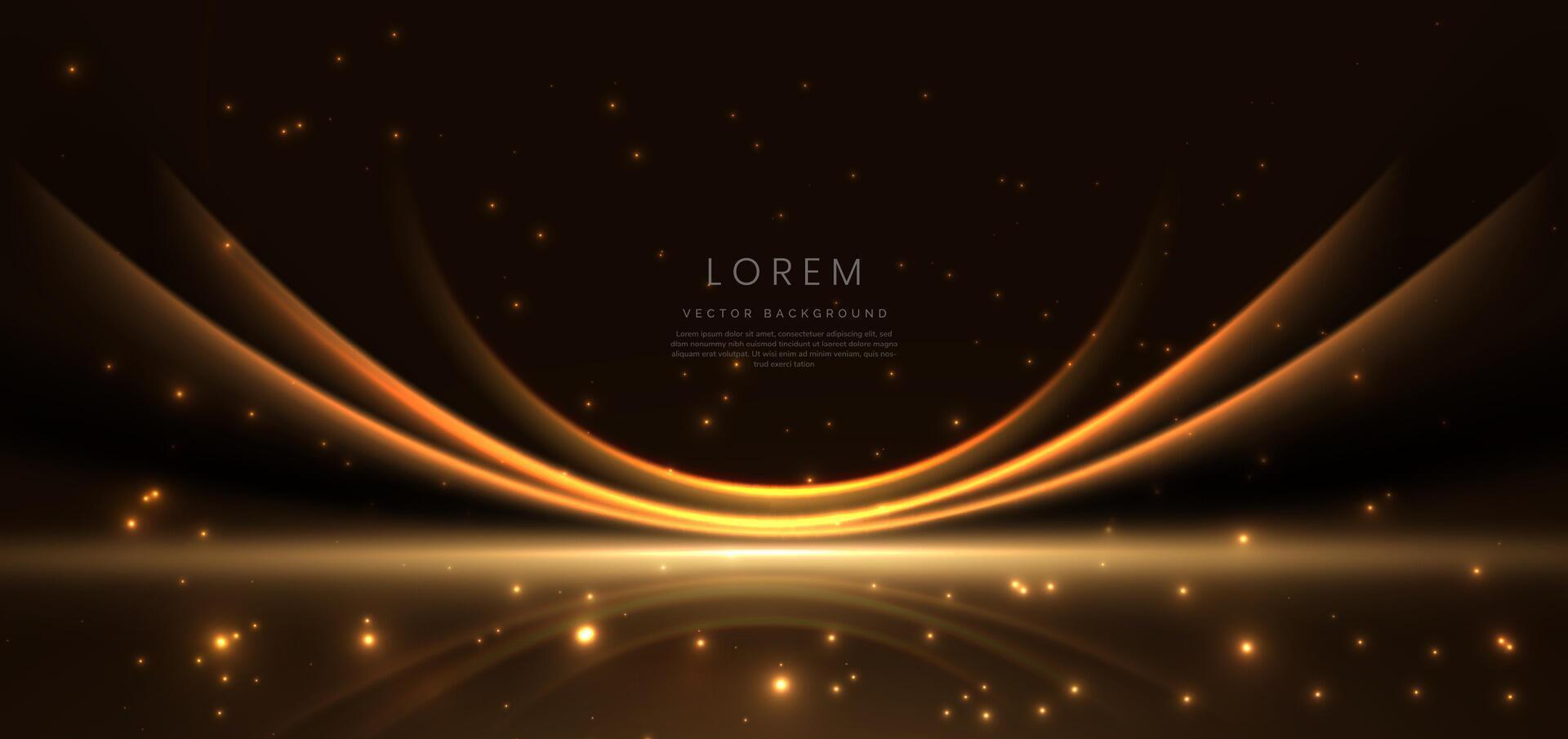 Abstract glowing gold curved element on dark background with lighting effect glitter and sparkle with copy space for text. Luxury design style. vector