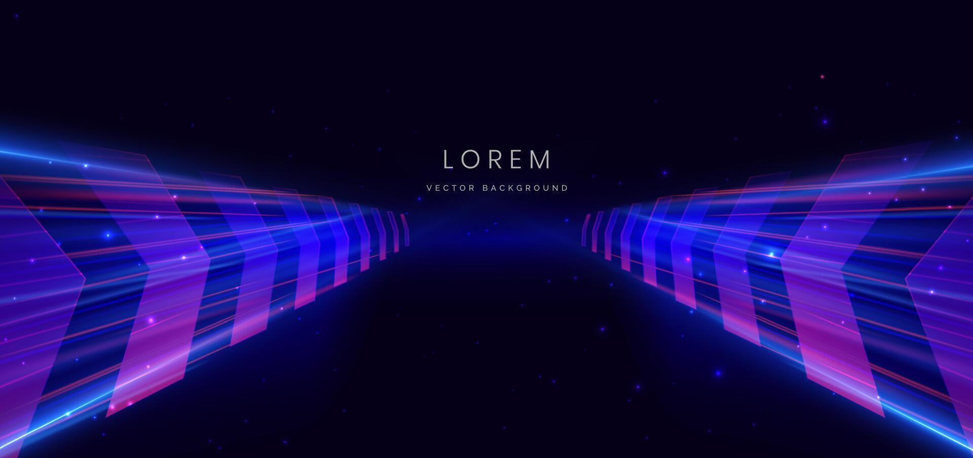 Abstract futuristic neon arrow glowing blue and pink light lines with sparkle effect on dark blue background. vector