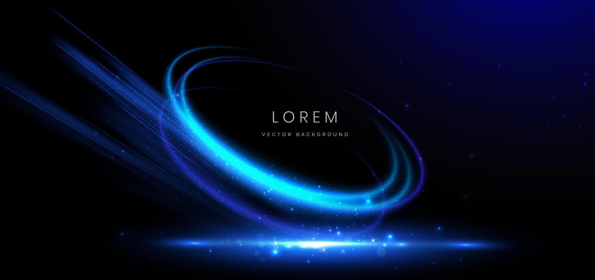 Abstract technology futuristic swirl glowing neon blue light ray on black background with lighting effect. vector