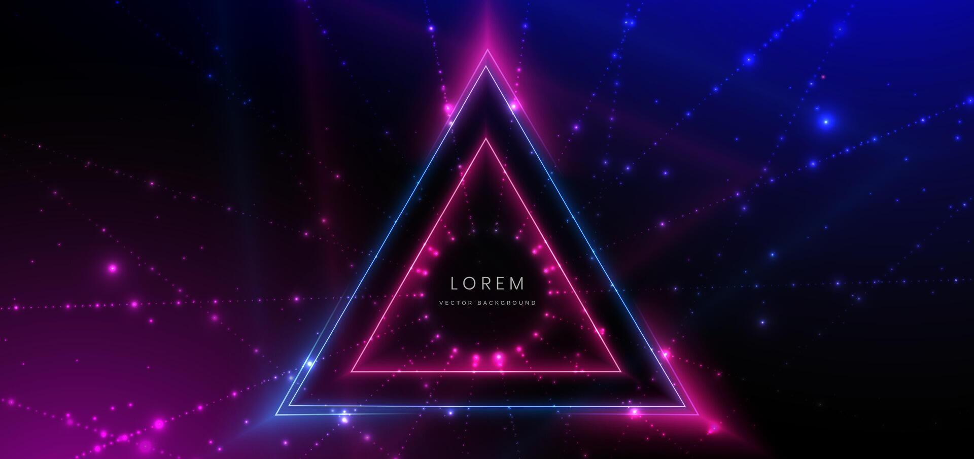 Abstract technology futuristic neon triangle glowing blue and pink light lines with speed motion blur effect on dark blue background. vector