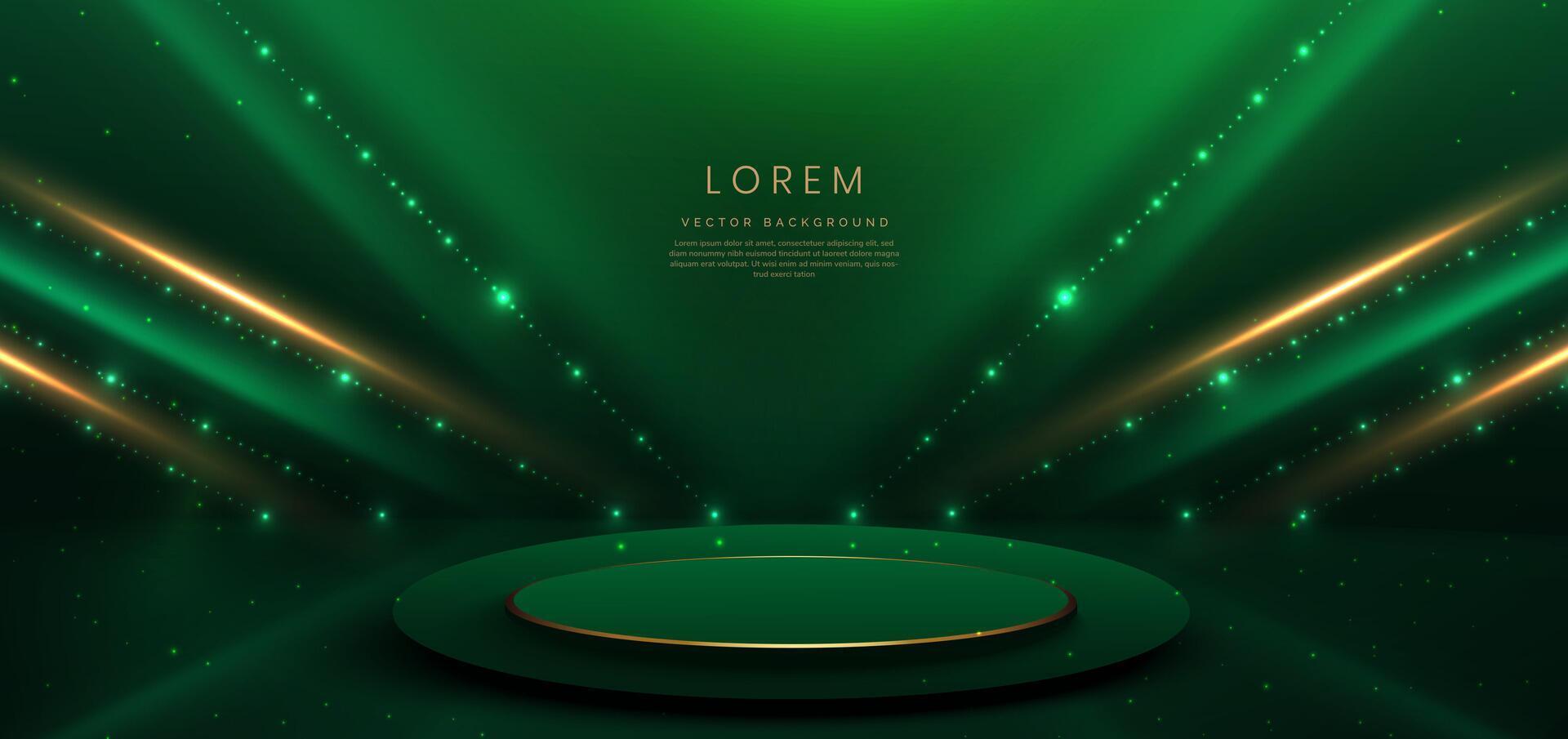 Elegant green stage background with green dot neon line and lighting effect sparkle. Luxury template award design. vector