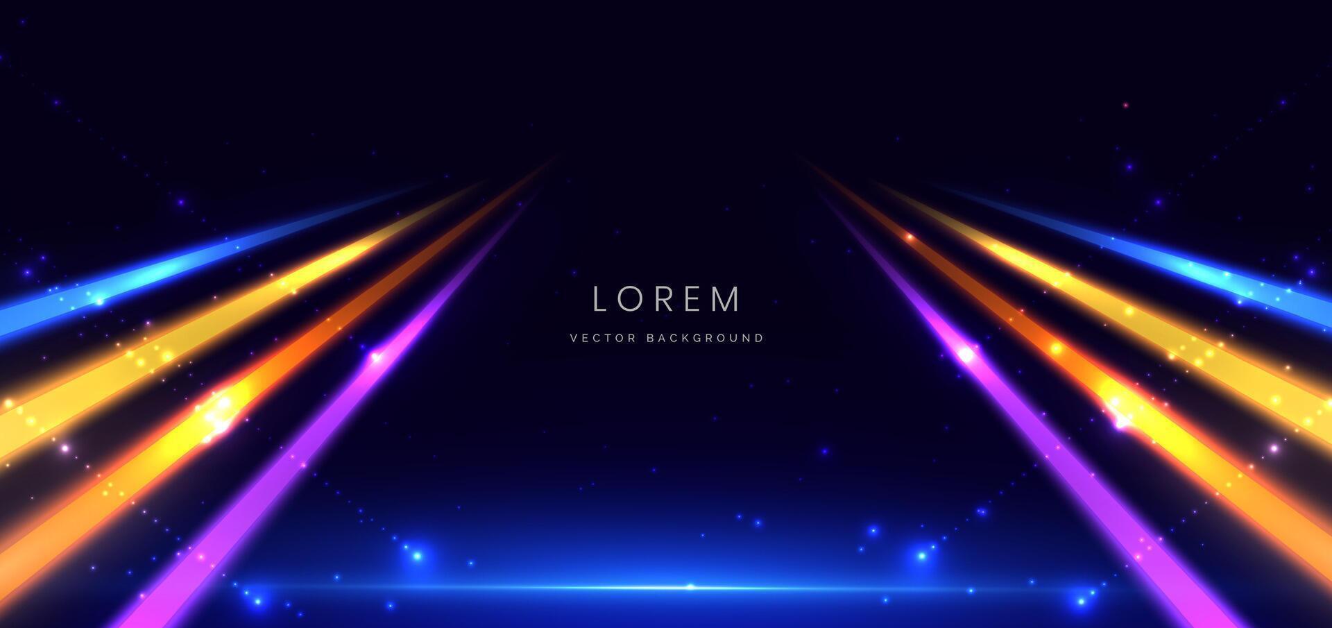 Abstract neon geometric glowing blue, orange, purple and yellow light lines on dark blue background. vector