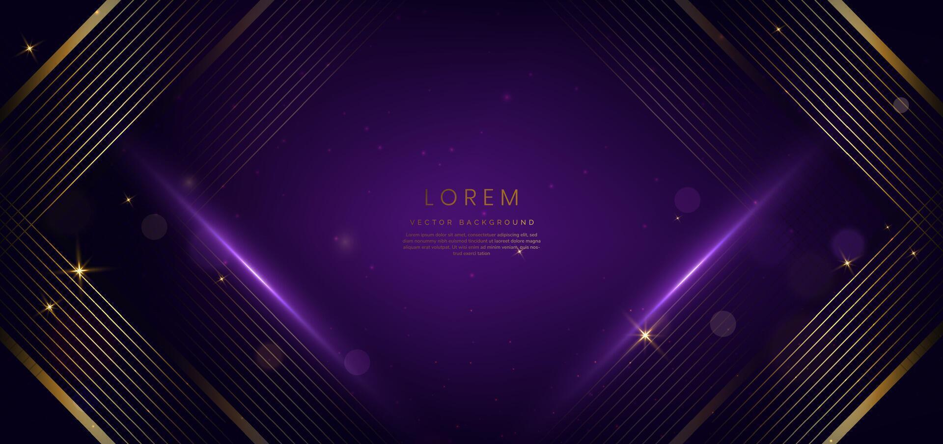 Luxury triangle elegant purple with golden lines and light effect and bokeh with copy space for text. Template award design. vector