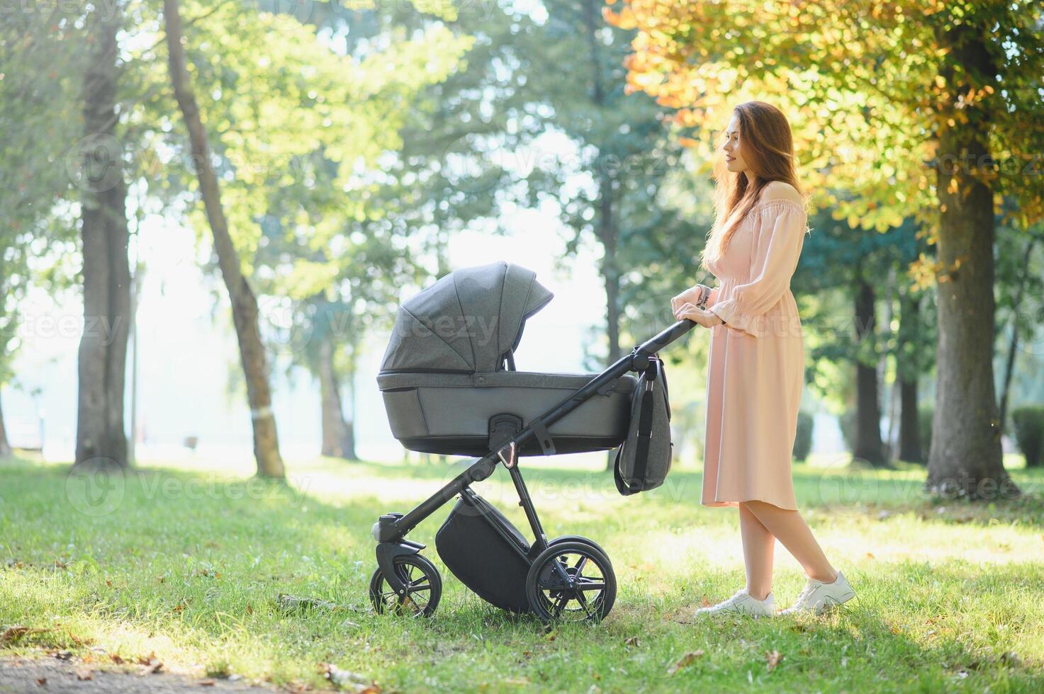 Mother with baby carriage in the park photo