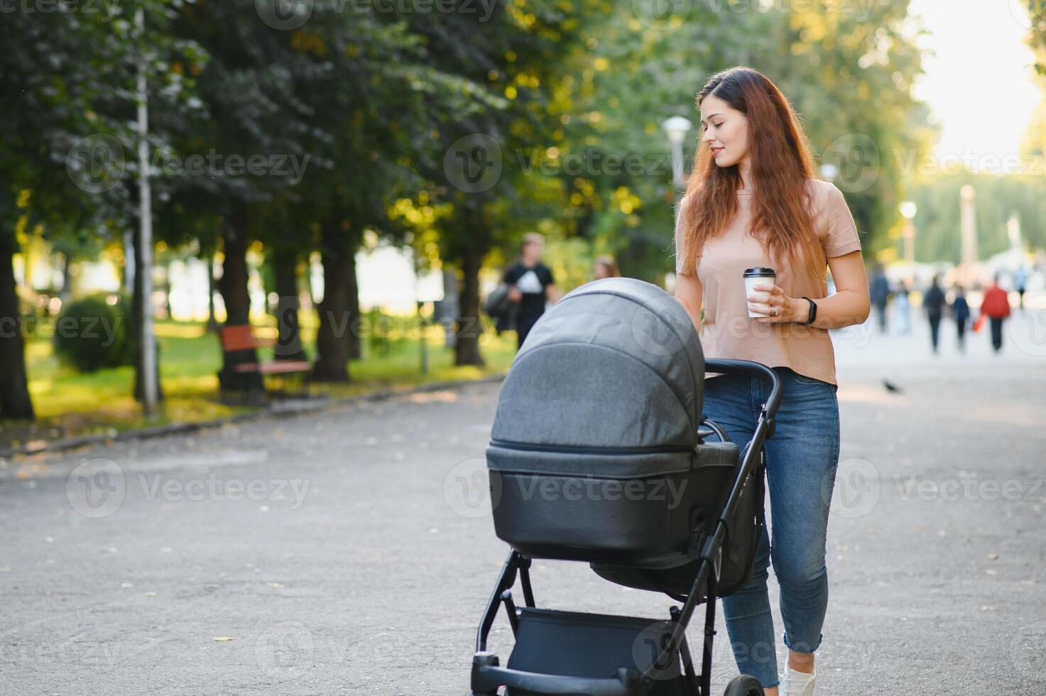 Mum walking on city street. Woman pushing her toddler sitting in a pram. Family concept. photo