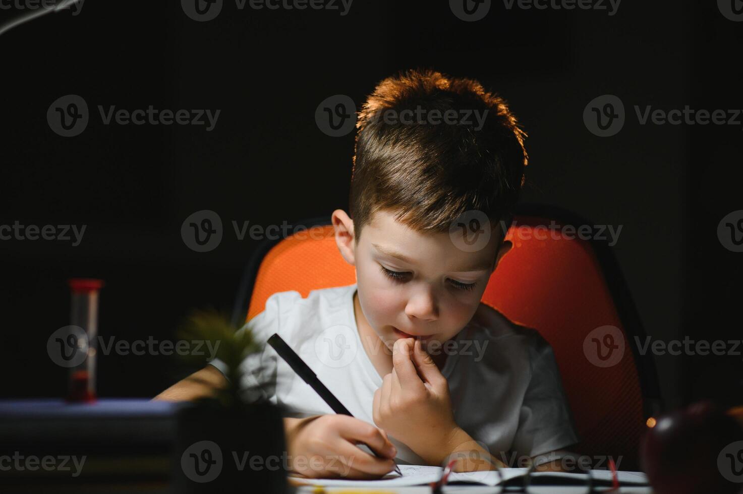 boy doing homework at home in evening photo