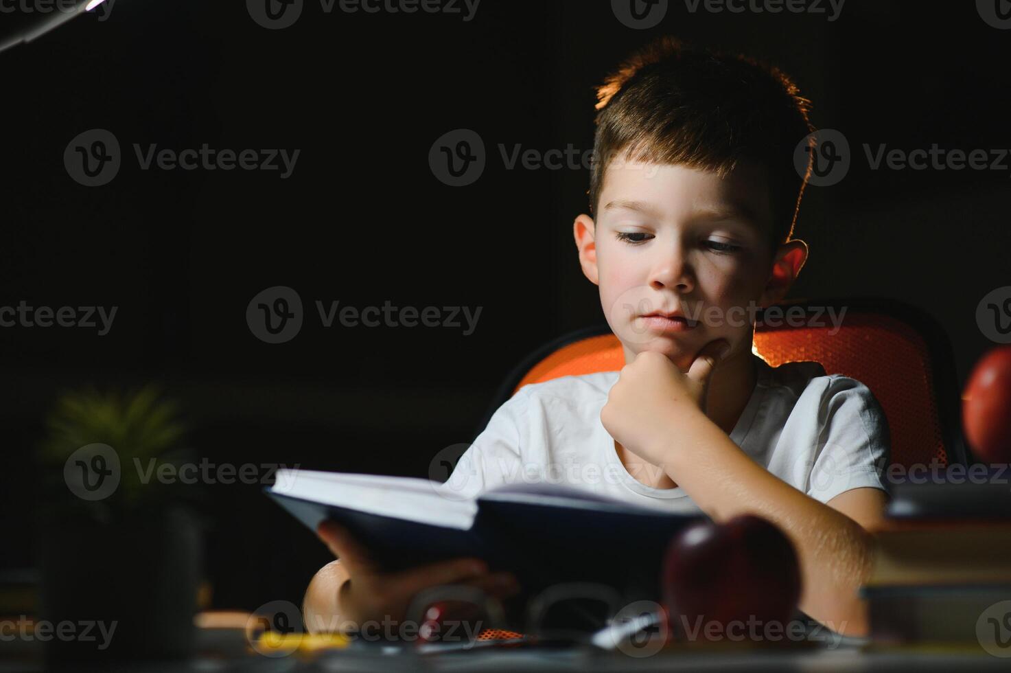 concentrated schoolboy reading book at table with books, plant, lamp, colour pencils, apple, and textbook photo