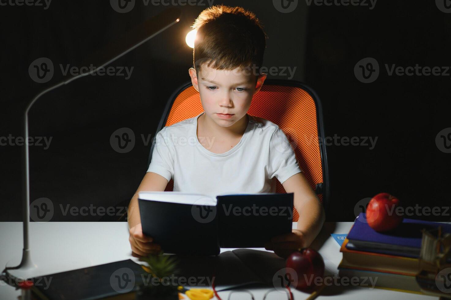 Boy learn lessons in the home setting at the table in the light of a table lamp. photo