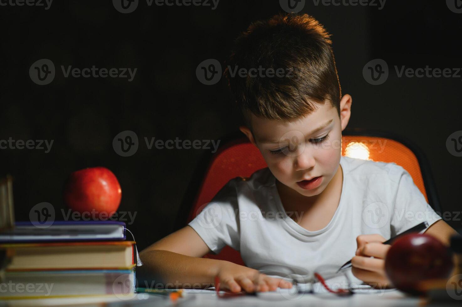 boy doing homework at home in evening photo