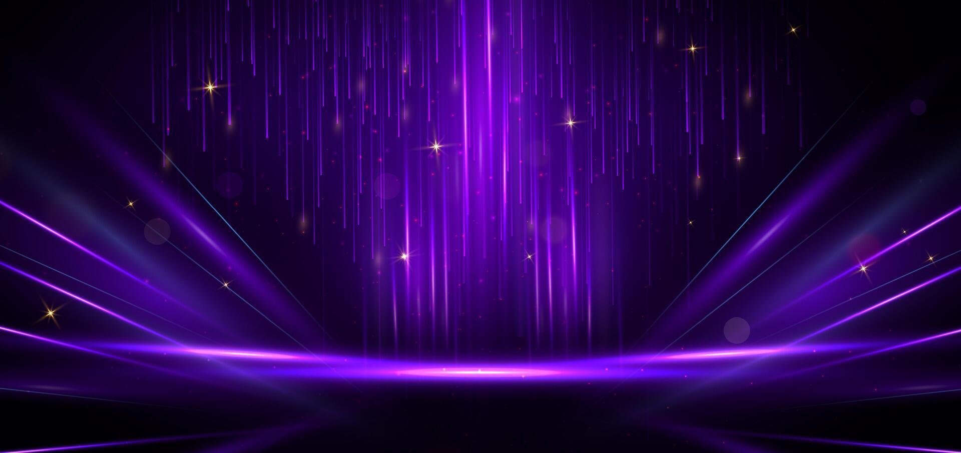 Abstract purple light rays on black background with lighting effect and bokeh. vector