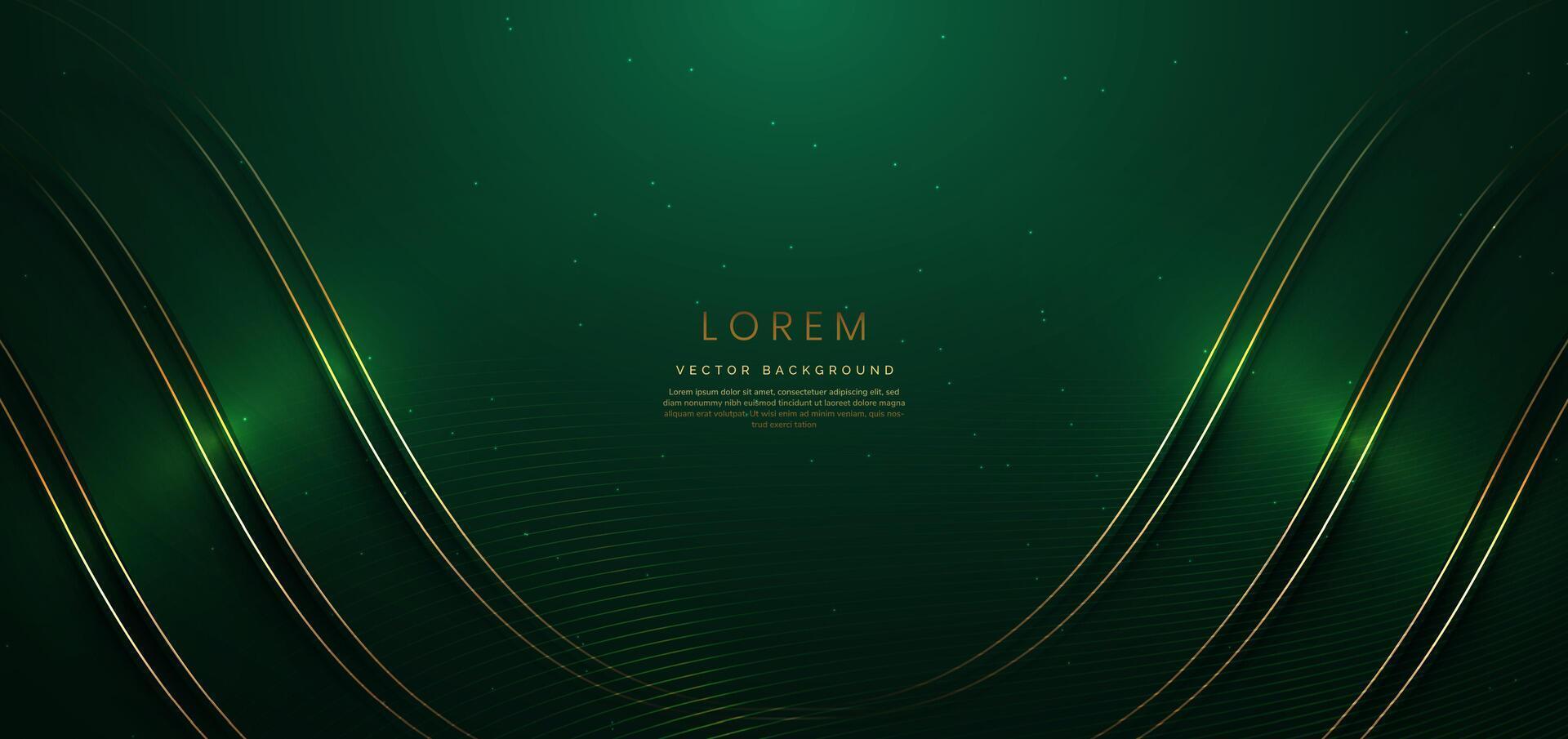 Abstract 3d gold curved on dark green background with lighting effect and sparkle with copy space for text. Luxury design style. vector
