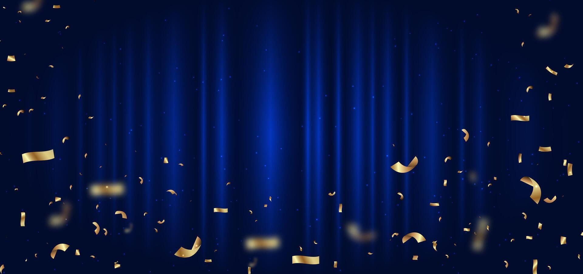 Blue curtain background. Golden confetti banner and ribbon on white background. Celebration grand openning party happy concept. vector