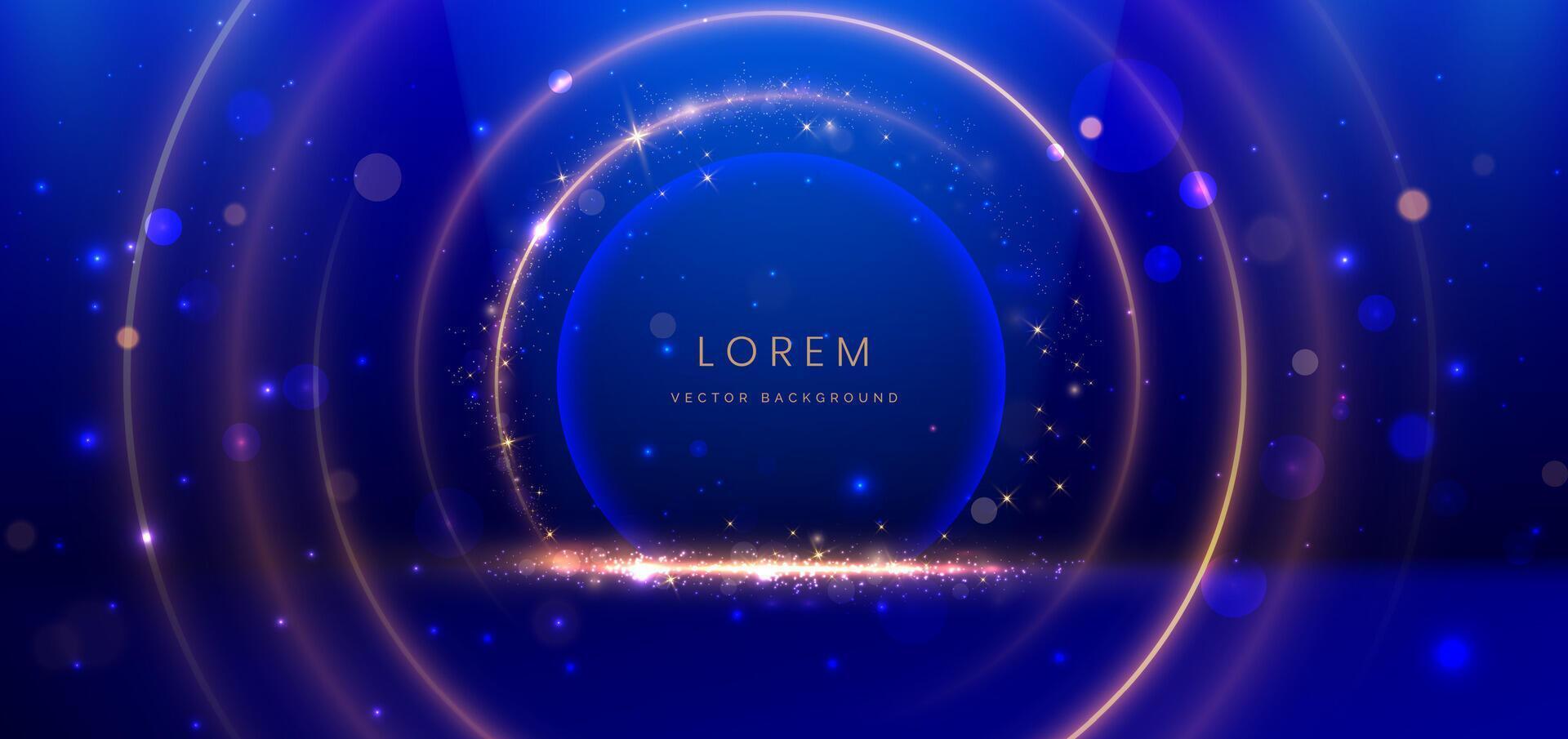 Luxury dark blue background with circle glowing blue and golden line lighting effect sparkle. Template premium award ceremony design. vector