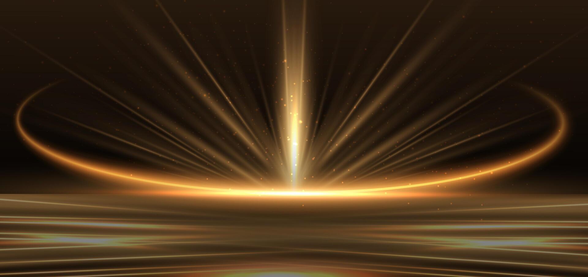Abstract glowing gold diagonal lighting lines on dark background with lighting effect and sparkle with copy space for text. vector