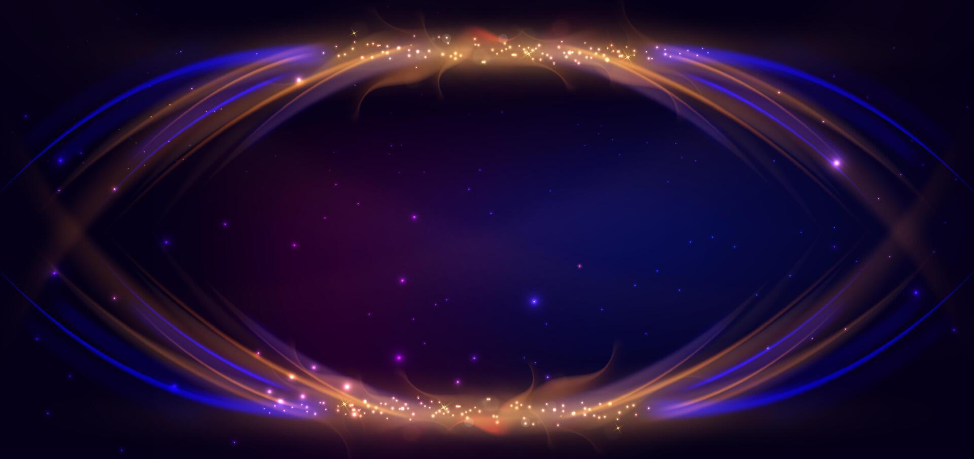 Abstract technology futuristic glowing neon blue and gold light ray curved on dark blue background with lighting effect. vector