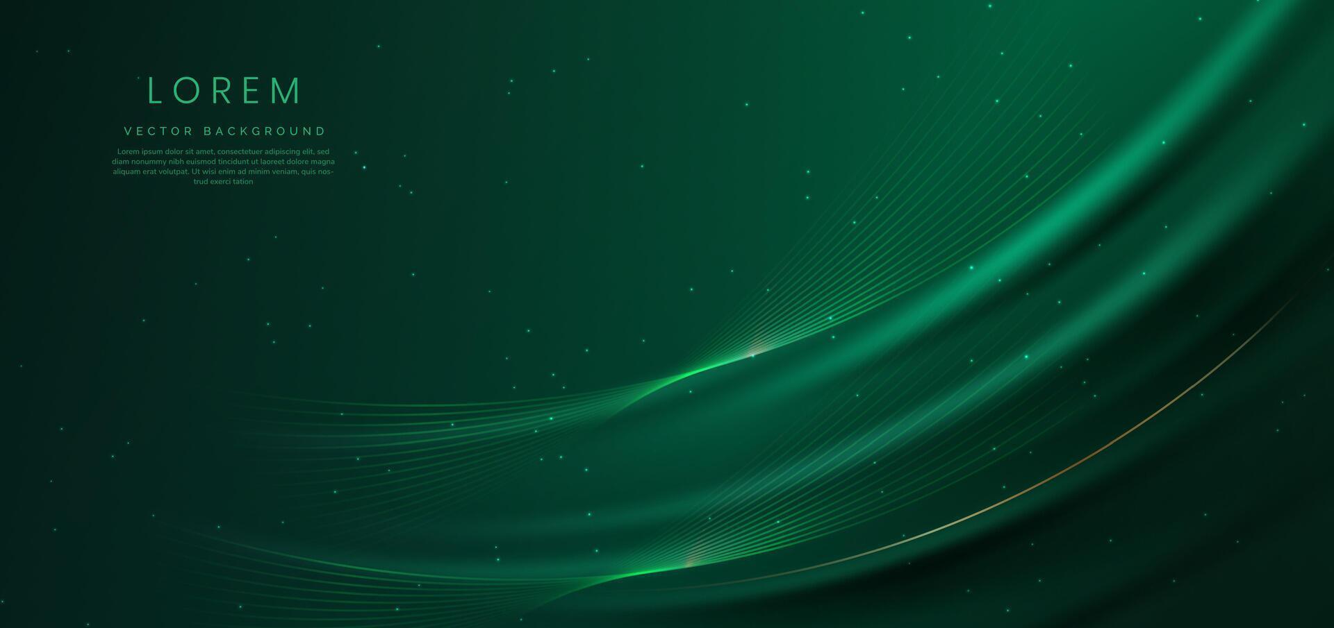 Abstact 3d luxury green curve with border golden curve lines elegant and lighting effect on green background. vector