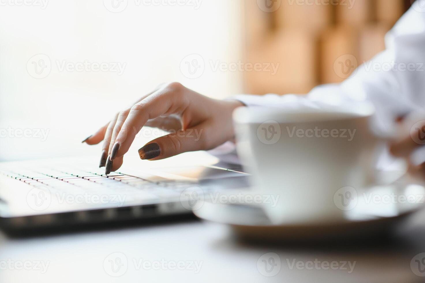 Cropped shot view of young woman keyboarding on laptop computer with blank copy space screen while sitting in cafe, blonde female student working on net-book after her lectures in University,flare sun photo