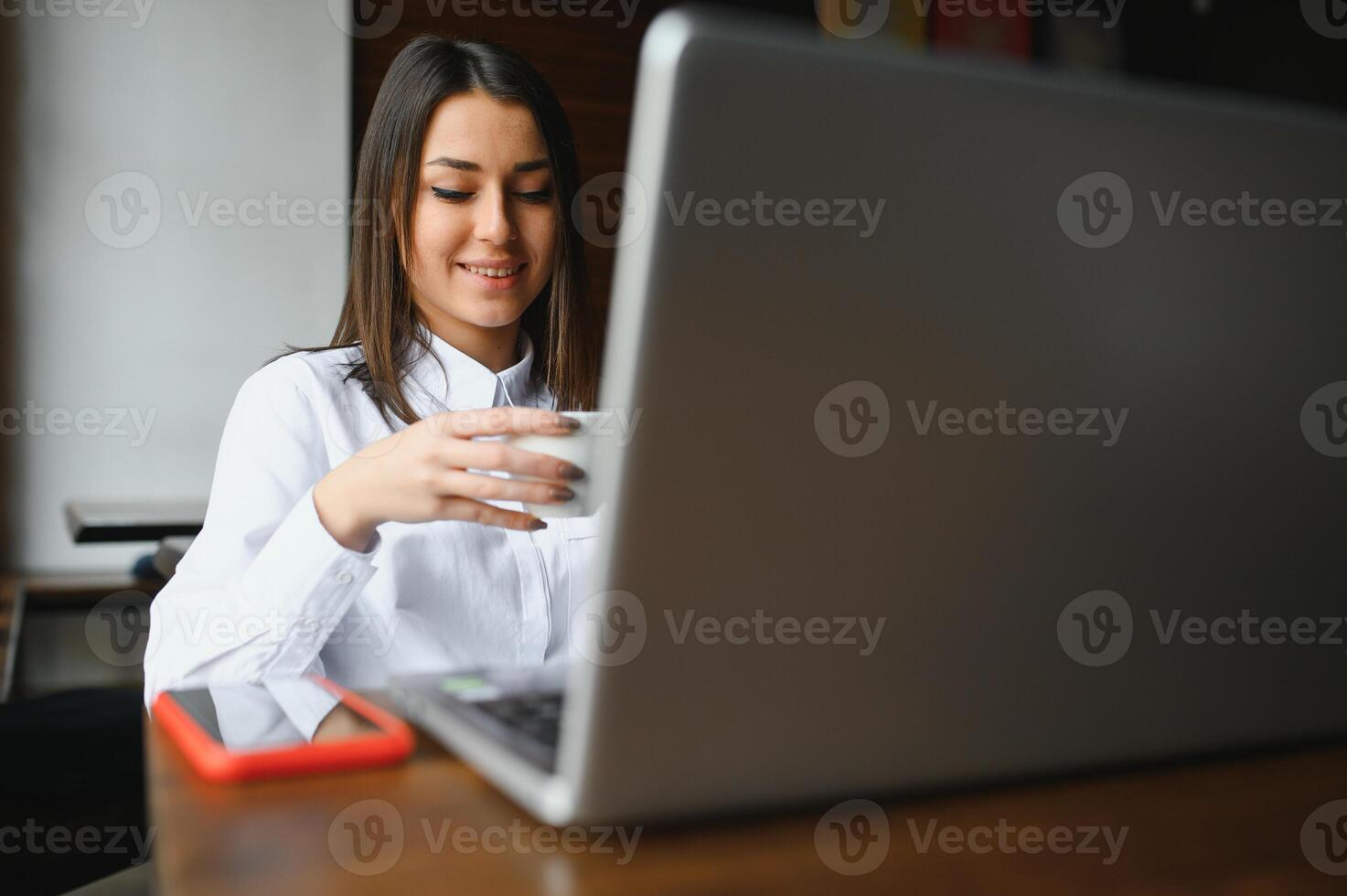 Beautiful Caucasian woman dreaming about something while sitting with portable net-book in modern cafe bar, young charming female freelancer thinking about new ideas during work on laptop computer photo