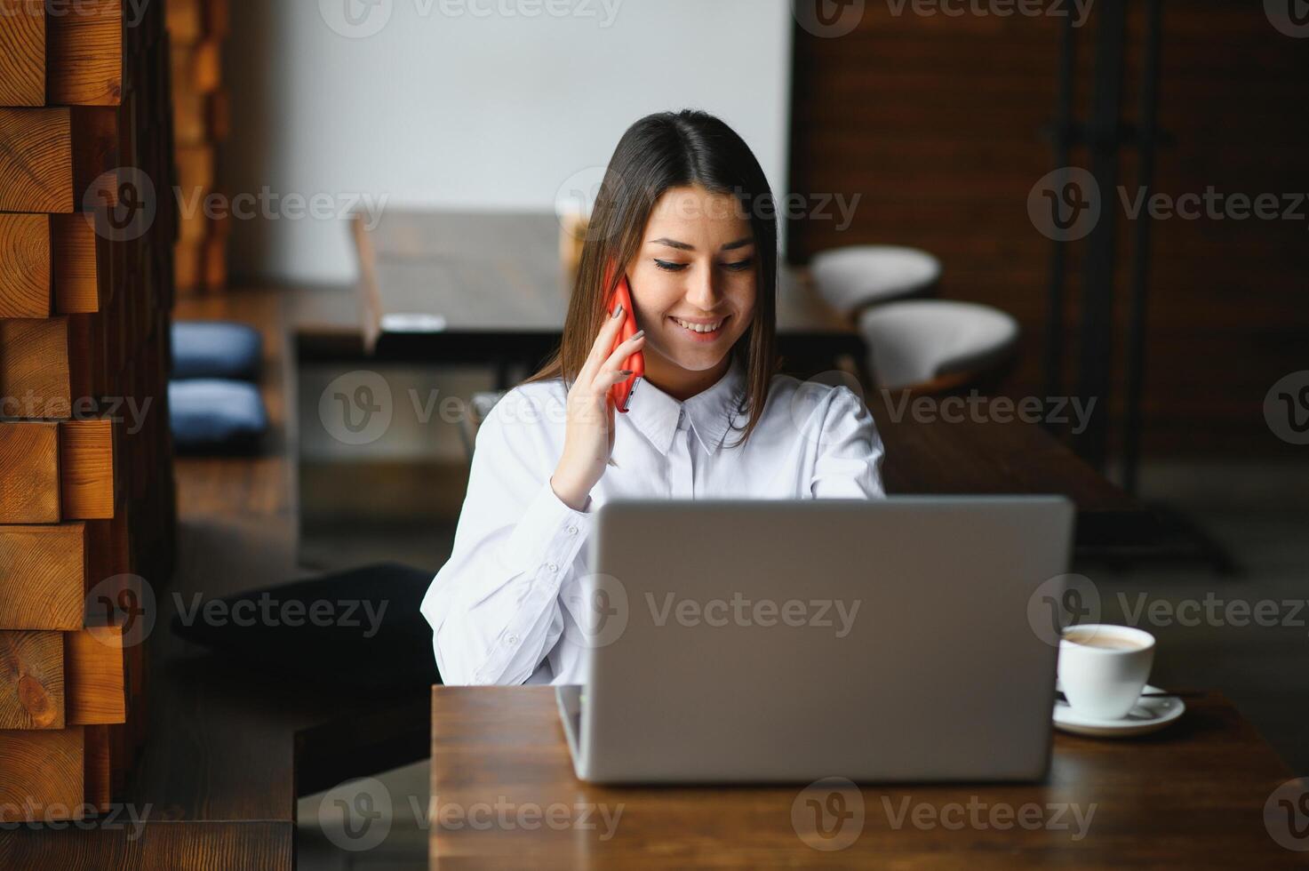 Young woman successful manager is talking via mobile phone with possible financial company employee and reading their resume on portable laptop computer during remote interview in co-working space photo