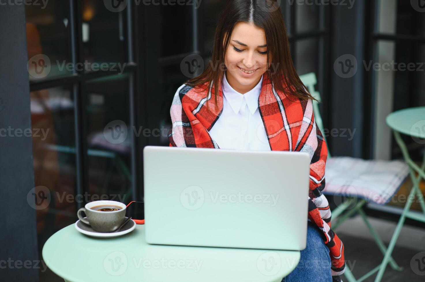 Young, a girl in an outdoor cafe with a laptop talking through a call with someone, Aipi telephony photo