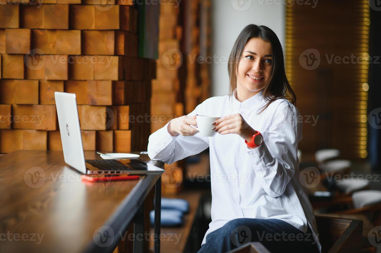 Beautiful Caucasian woman dreaming about something while sitting with portable net-book in modern cafe bar, young charming female freelancer thinking about new ideas during work on laptop computer photo