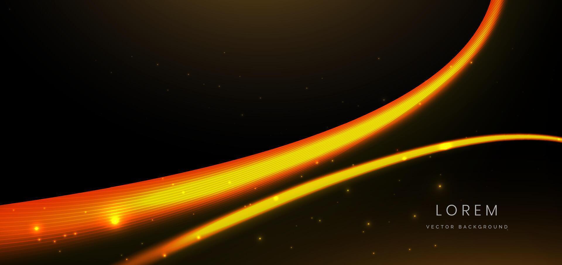 Abstract technology futuristic curved glowing neon yellow and orange light ray on dark blue background with lighting effect. vector