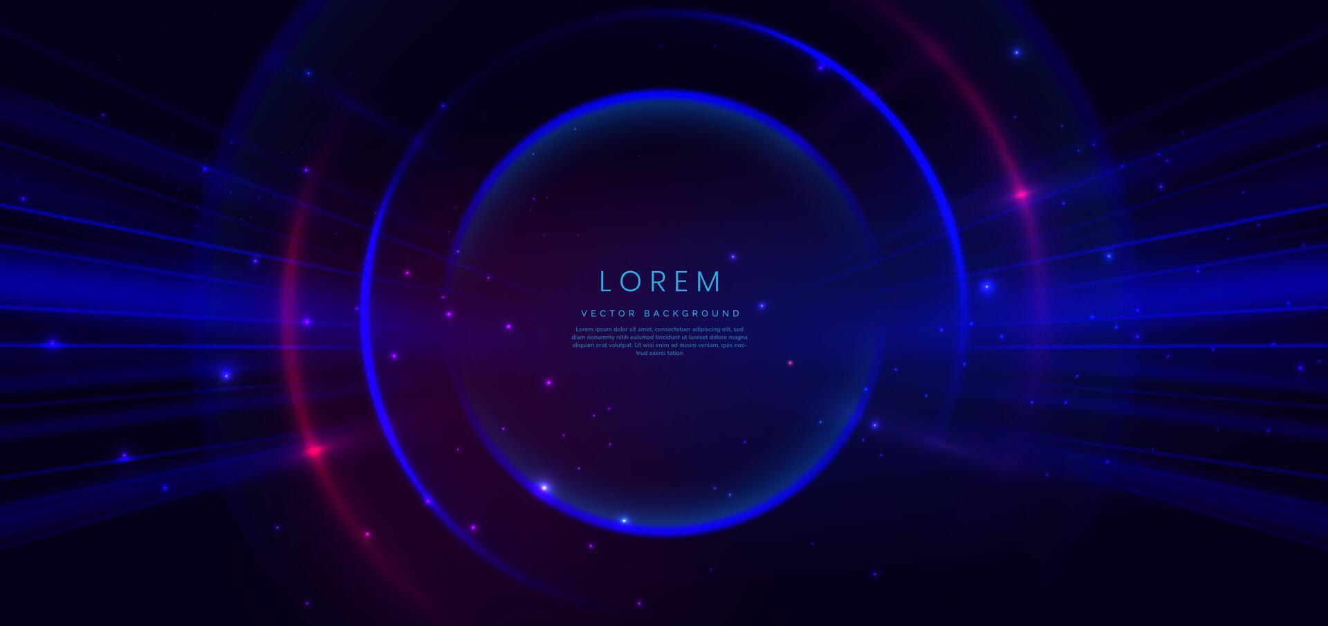 Abstract technology futuristic circles neon glowing blue and pink light lines with speed motion blur effect on dark blue background. vector