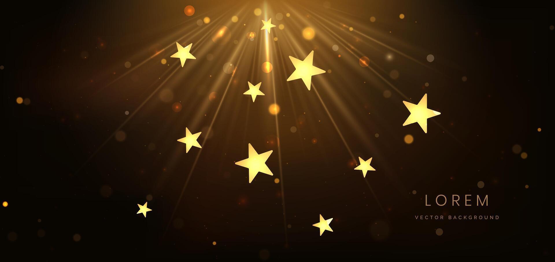 Abstract luxury golden star lighting effect glowing on dark brown background and sparkle. Celebration party happy concept. vector